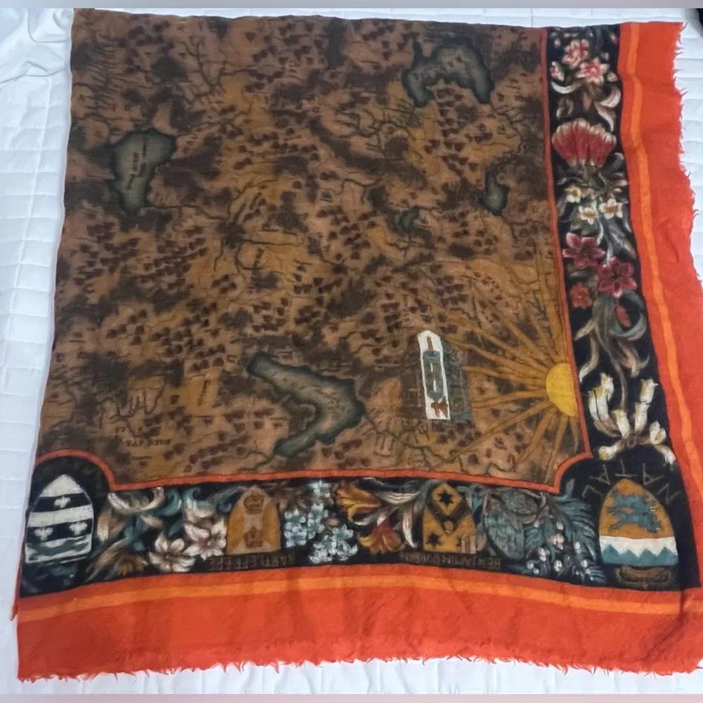 Linda Allard For Ellen Tracy Wool Scarf Rust/Brown/Orange Map Like Design 47x47